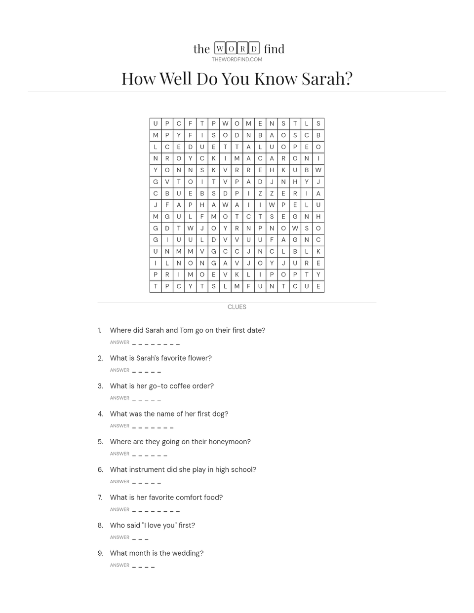 A real printout from the maker: a How Well Do You Know Sarah? bridal shower word search with a 15 by 15 grid and numbered questions with answer lines