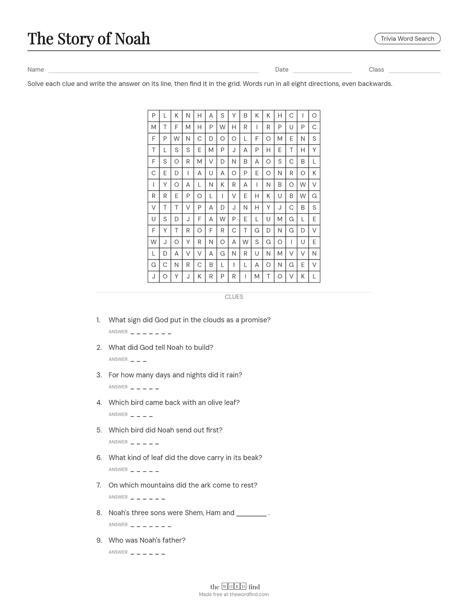 A real printout from the maker: a Story of Noah Bible word search with Name, Date and Class lines, a 15 by 15 grid and numbered questions with answer lines
