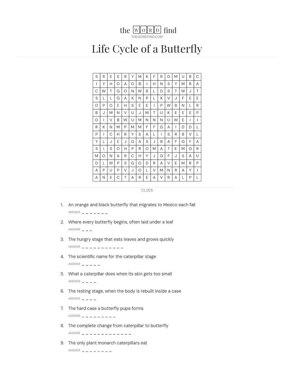 A real printout from the maker: a Life Cycle of a Butterfly trivia word search with a 15 by 15 grid and numbered clues with answer lines